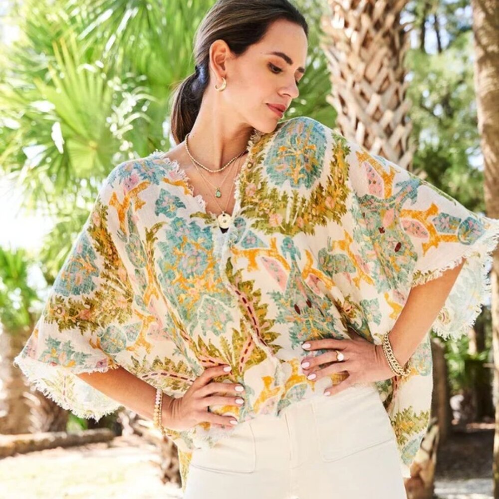 Spartina 449 Rynn Linen Poncho Sugar Mill Damask Flax Top Sz M/L NWT $128